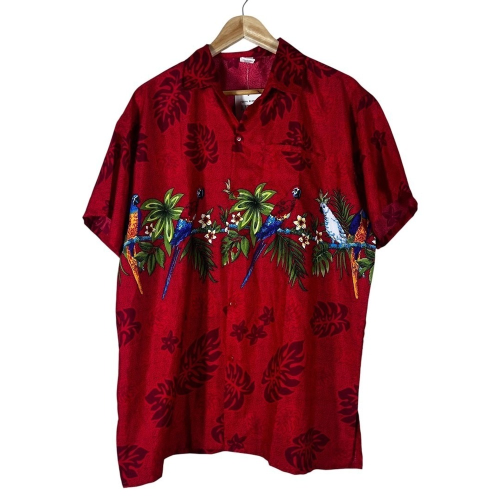 NWT Ocean Blue Apparel Parrot Tropical Print Button Down Shirt Red Beach Size L